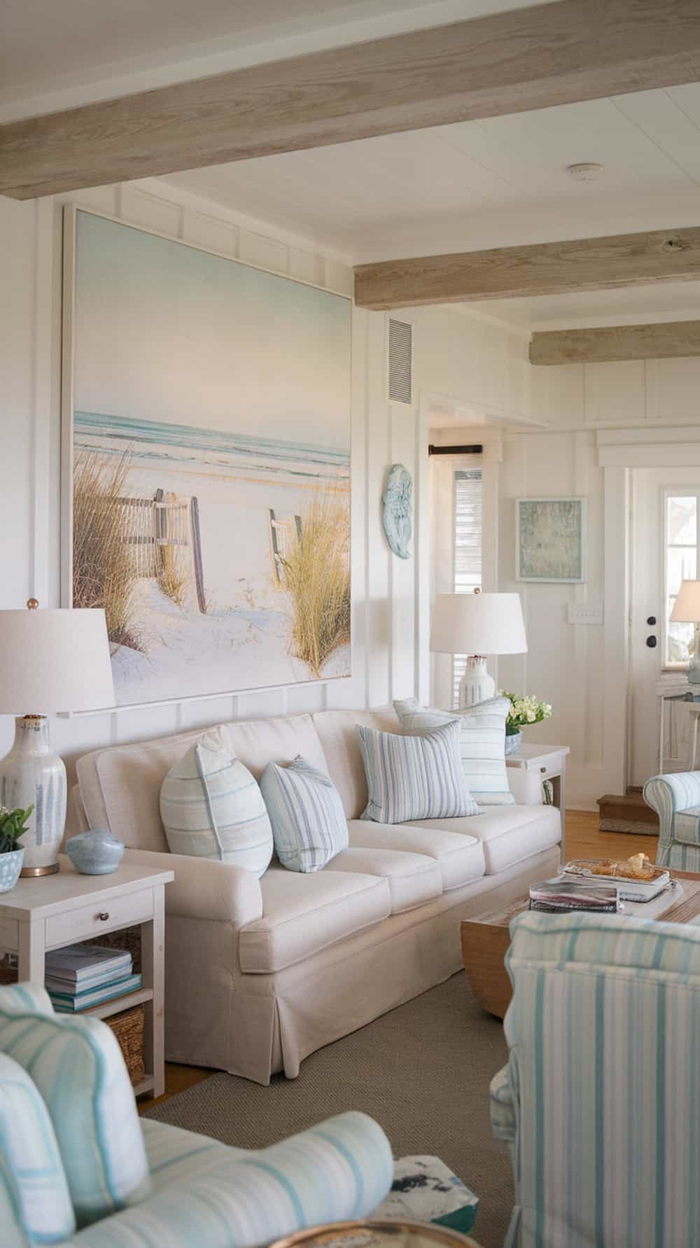 Coastal living room with beach artwork above the sofa