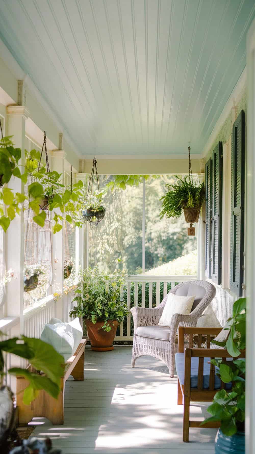 A porch with a soft white beadboard ceiling, hanging plants, and cozy seating.