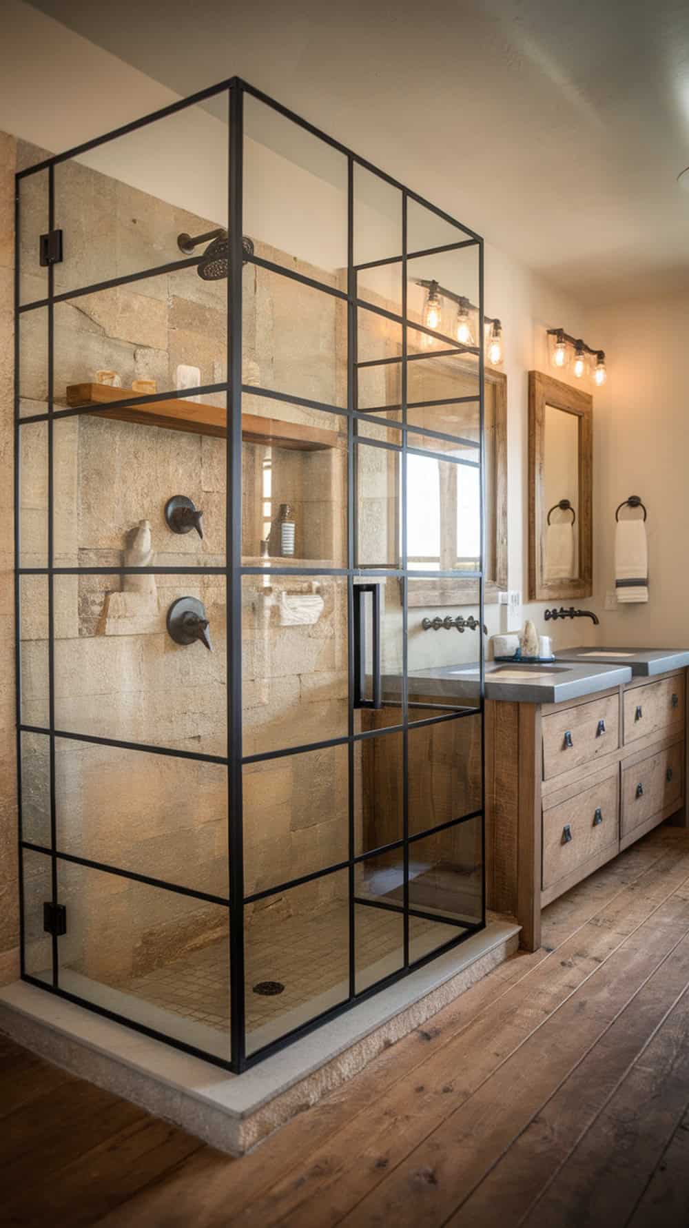 A modern rustic bathroom featuring a black-framed glass shower enclosure with wood accents.