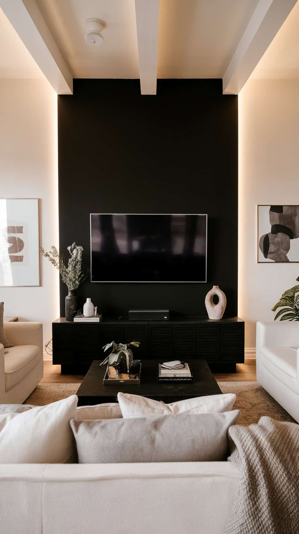 Living room with a black accent wall behind the TV, featuring light furniture and decorative elements.