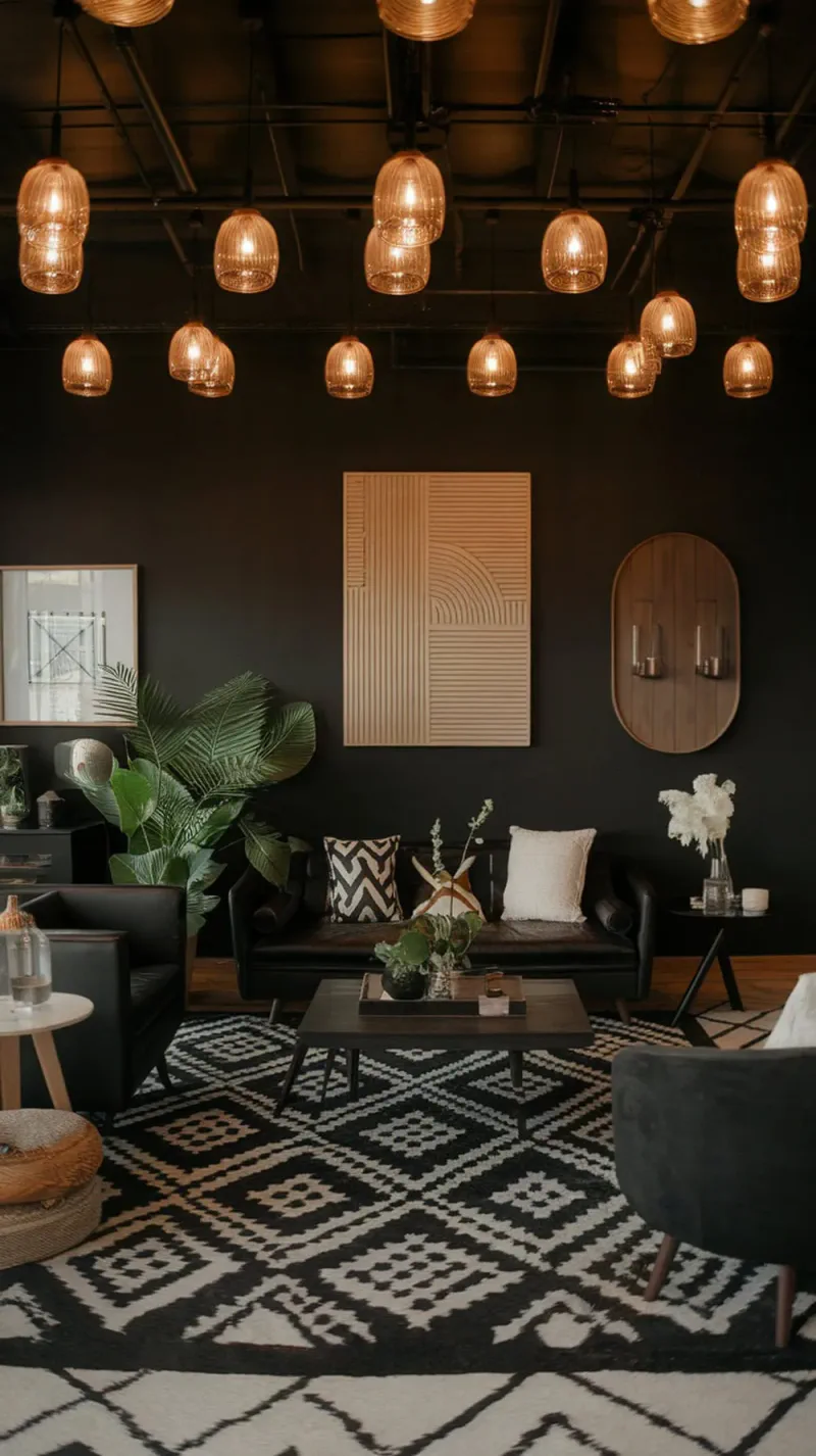 Living room with black ceiling and warm pendant lights, featuring plants and cozy decor.