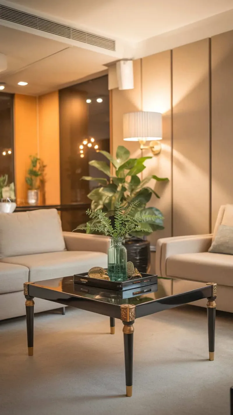 A stylish black coffee table with gold details in a modern living room setting.