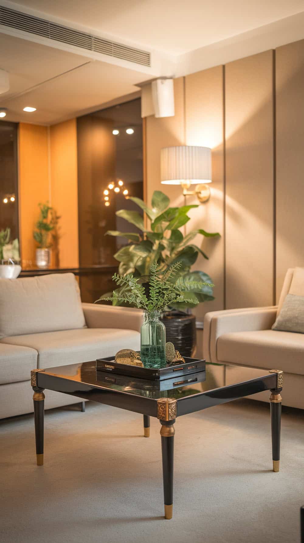A stylish black coffee table with gold details in a modern living room setting.