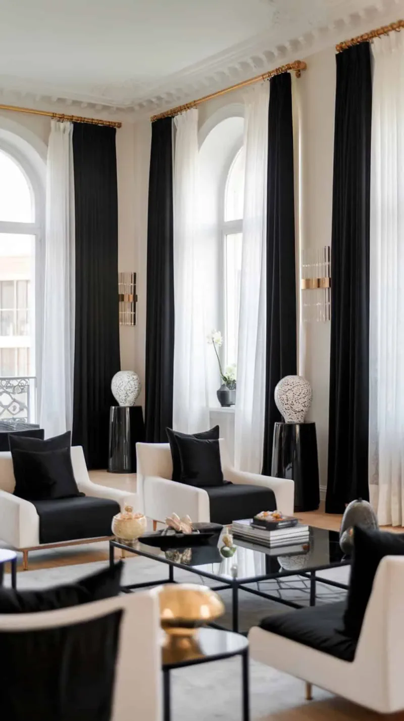 A stylish living room featuring black curtains with sheer white panels, creating a modern and inviting atmosphere.