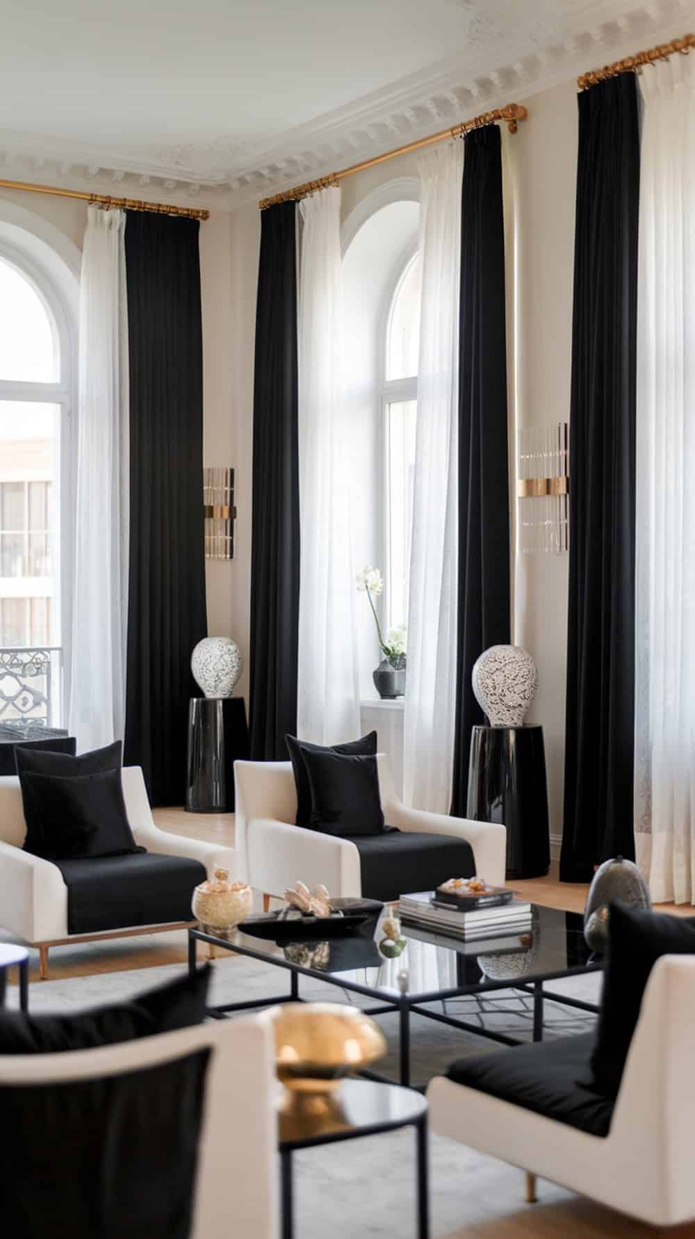 A stylish living room featuring black curtains with sheer white panels, creating a modern and inviting atmosphere.