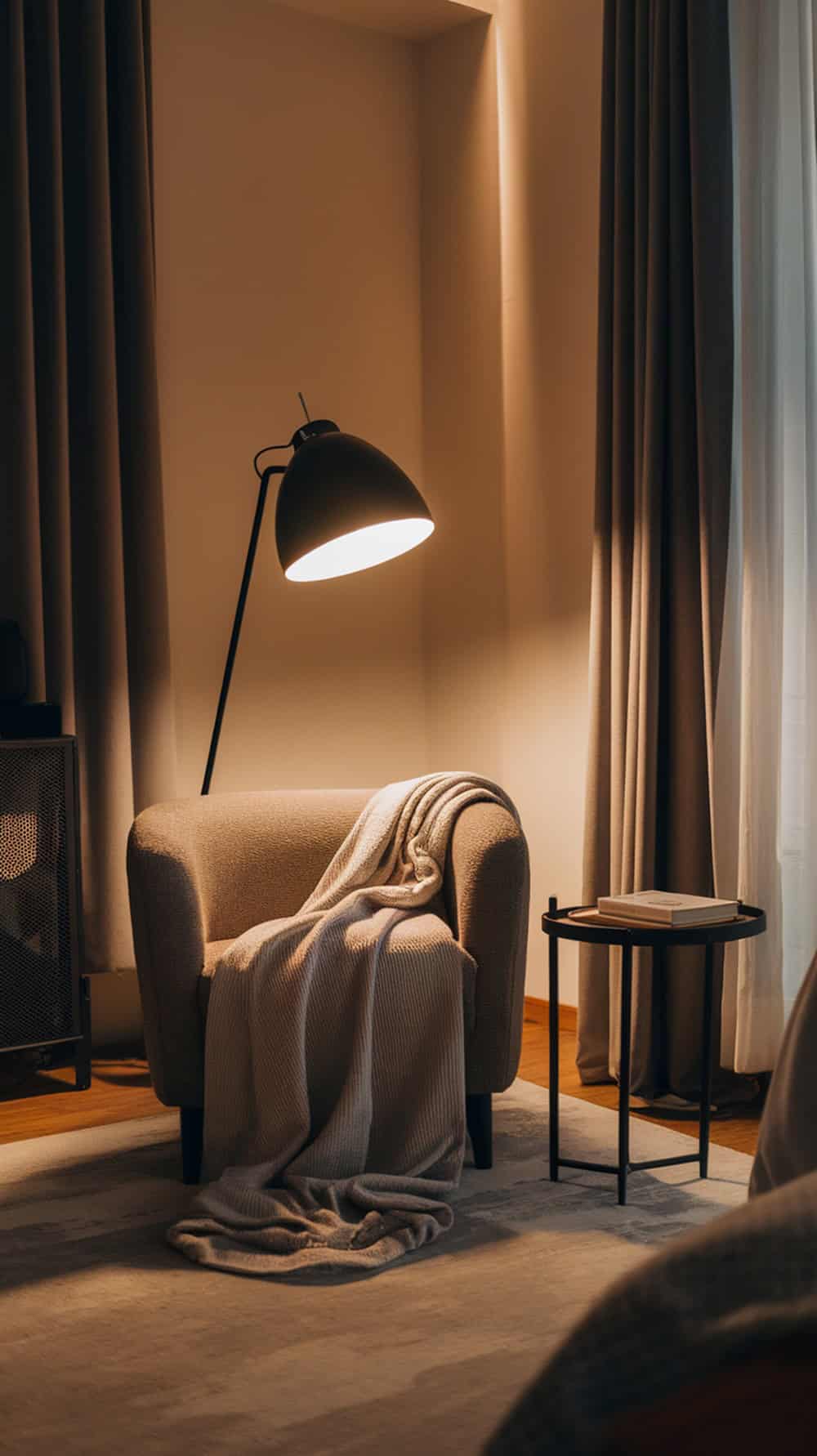 A cozy corner featuring a black floor lamp, a comfortable chair, and a soft blanket.