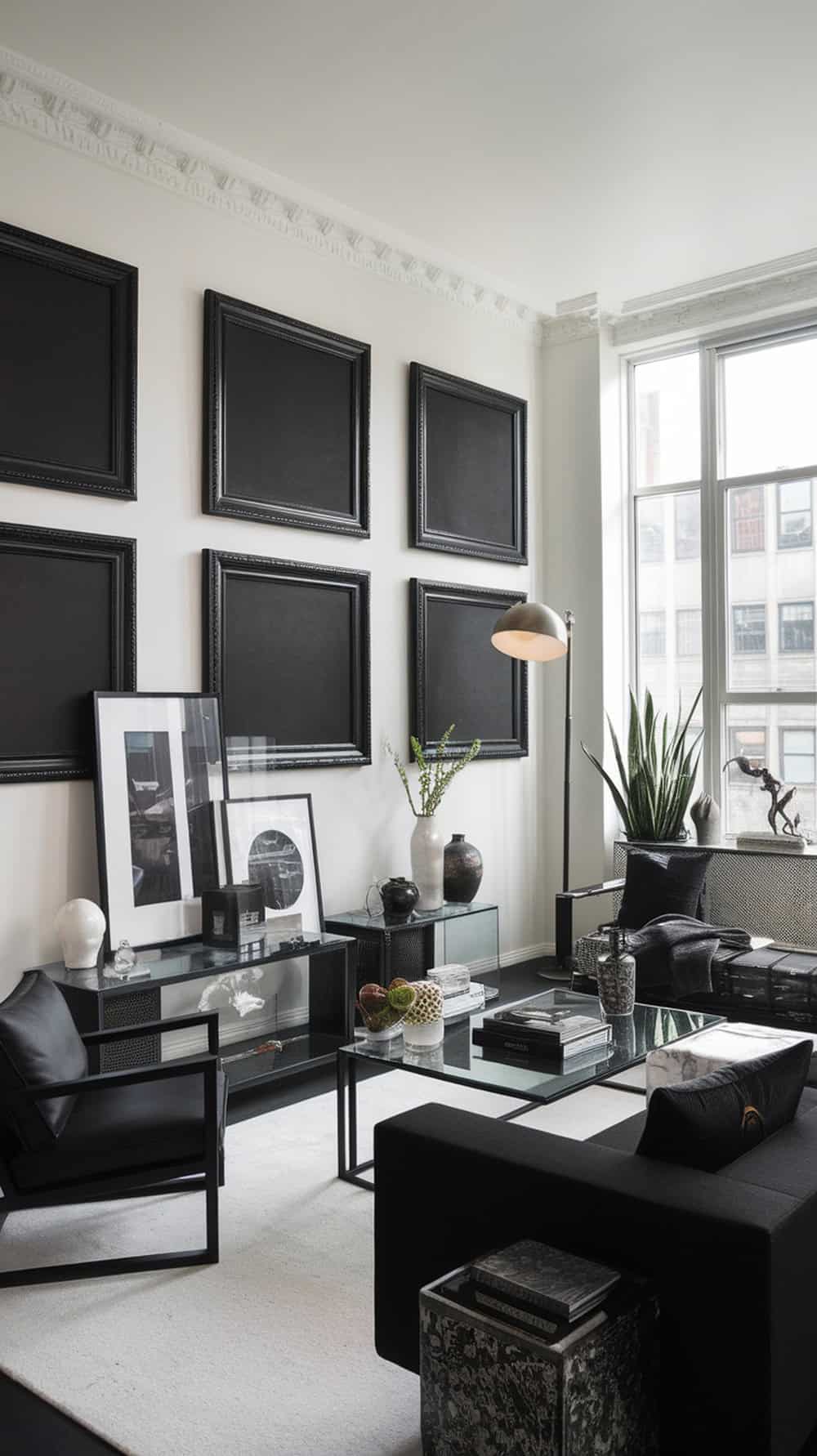 Living room with black framed art on white walls, featuring modern furniture and decorative items.