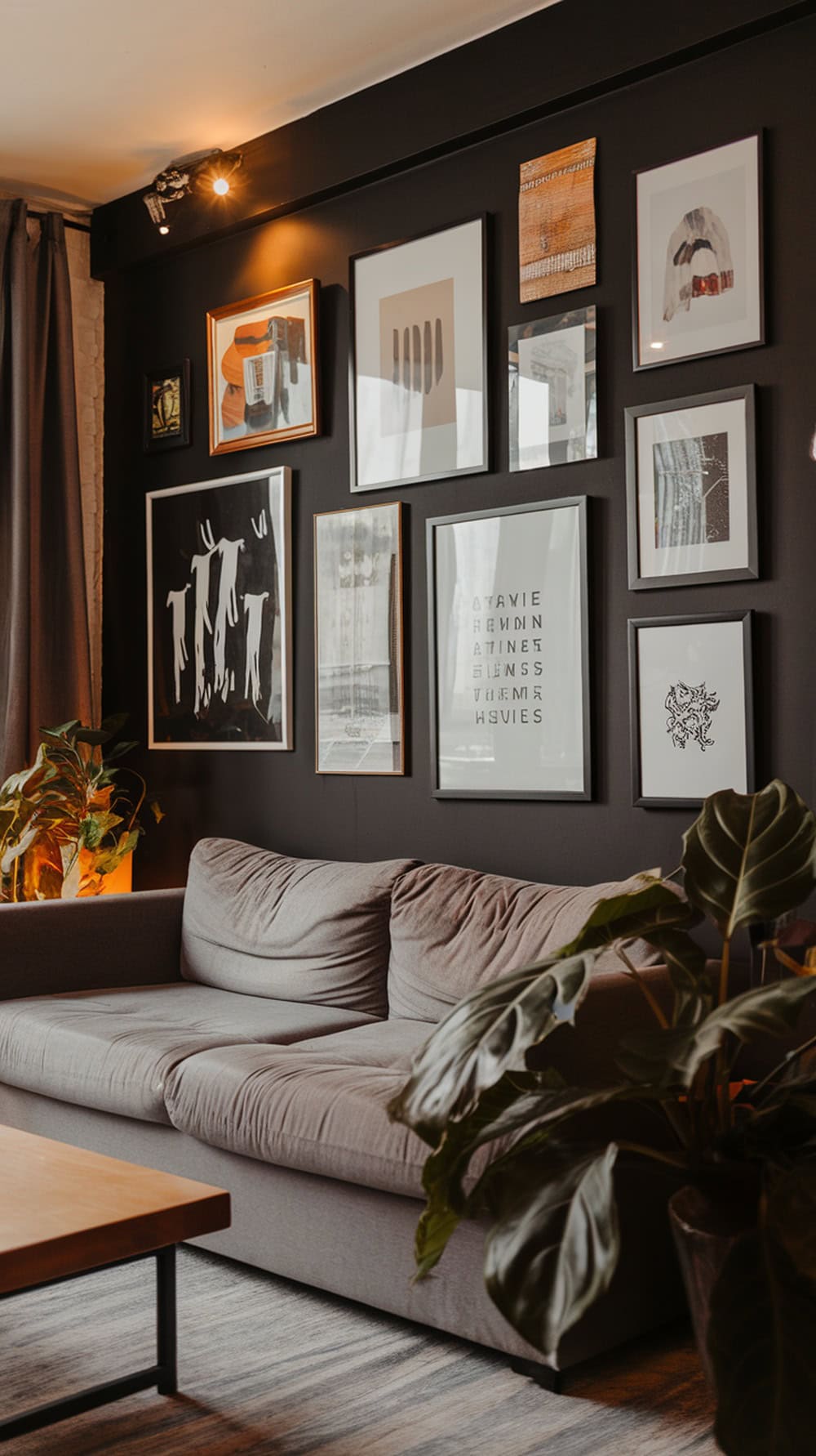 A cozy living room with a black gallery wall featuring various framed artworks and a comfortable gray couch.