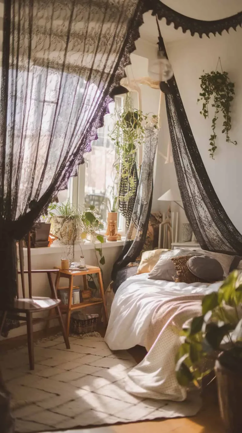 A cozy bedroom with black lace curtains filtering light, plants, and a warm atmosphere.
