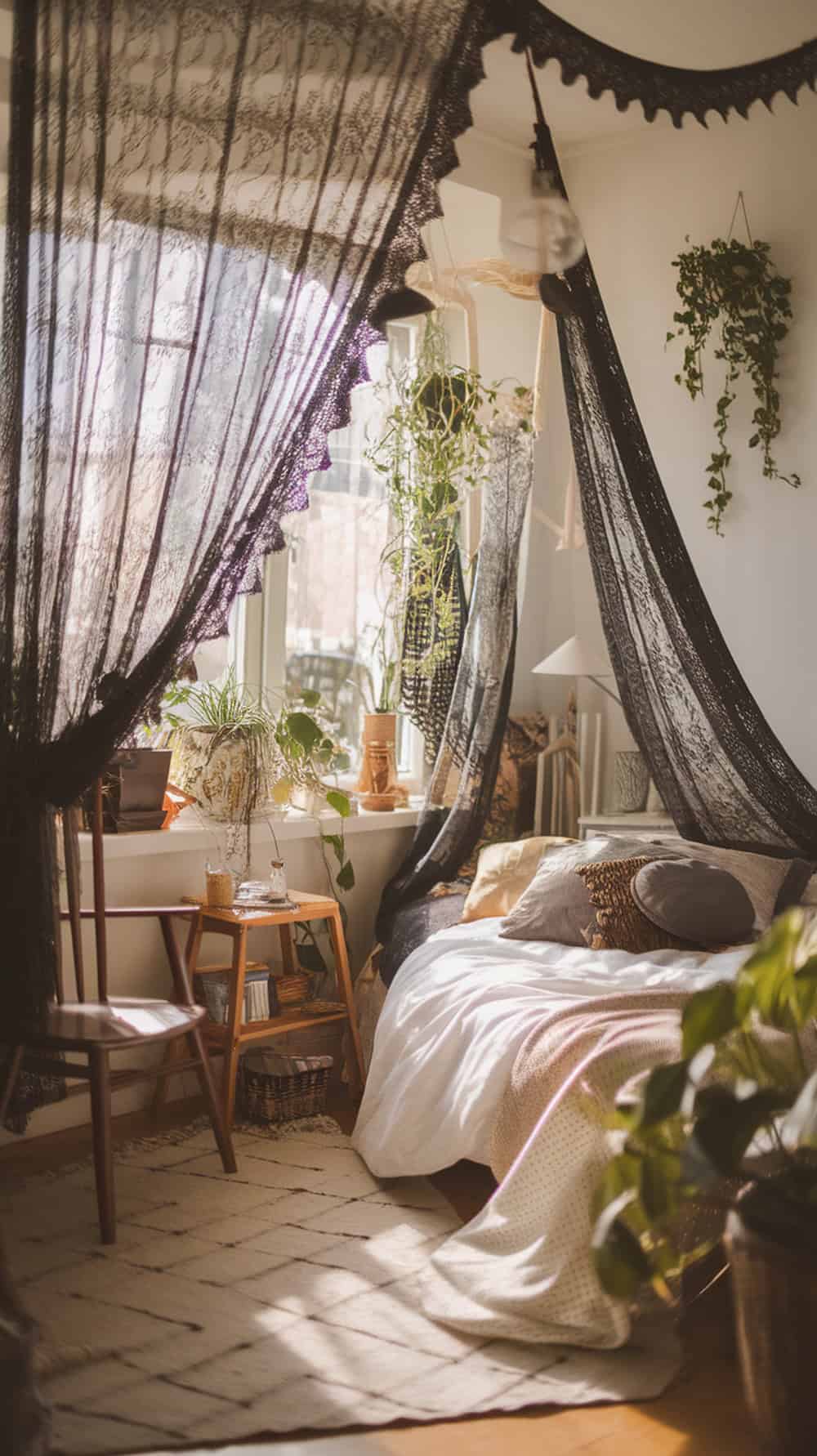A cozy bedroom with black lace curtains filtering light, plants, and a warm atmosphere.