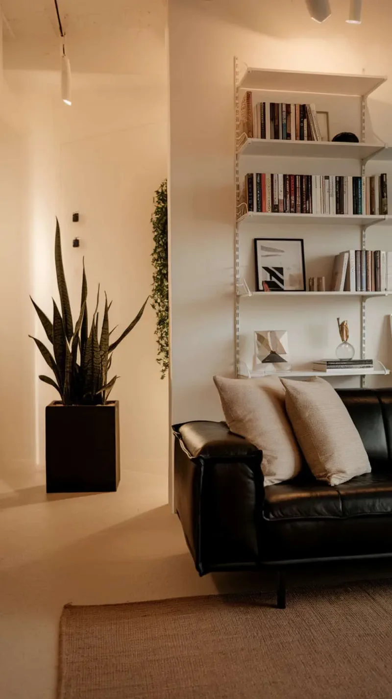 A stylish black leather couch with beige pillows in a modern living room setting.