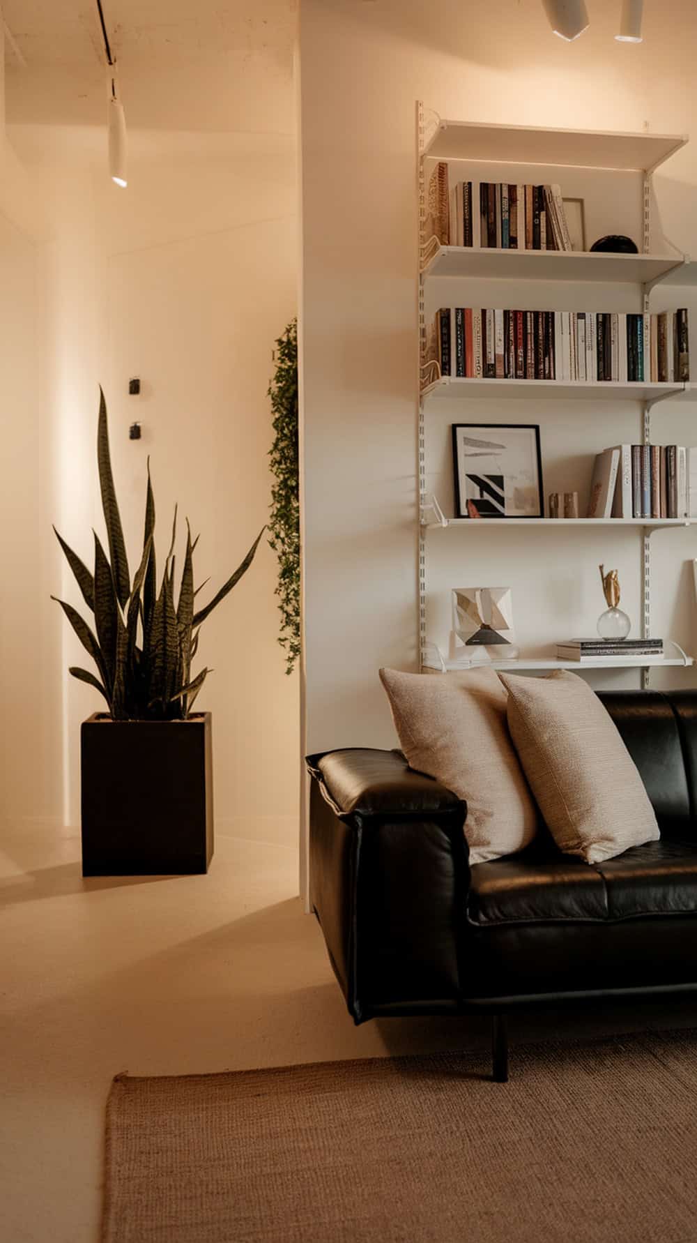 A stylish black leather couch with beige pillows in a modern living room setting.