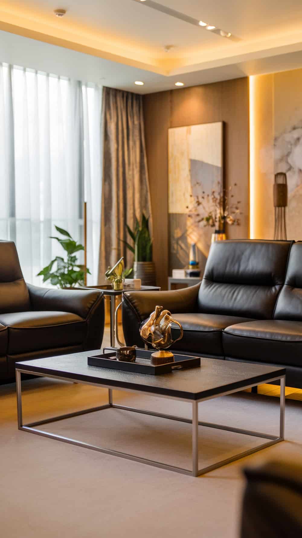 A stylish living room featuring a black leather sofa and a modern metal coffee table.