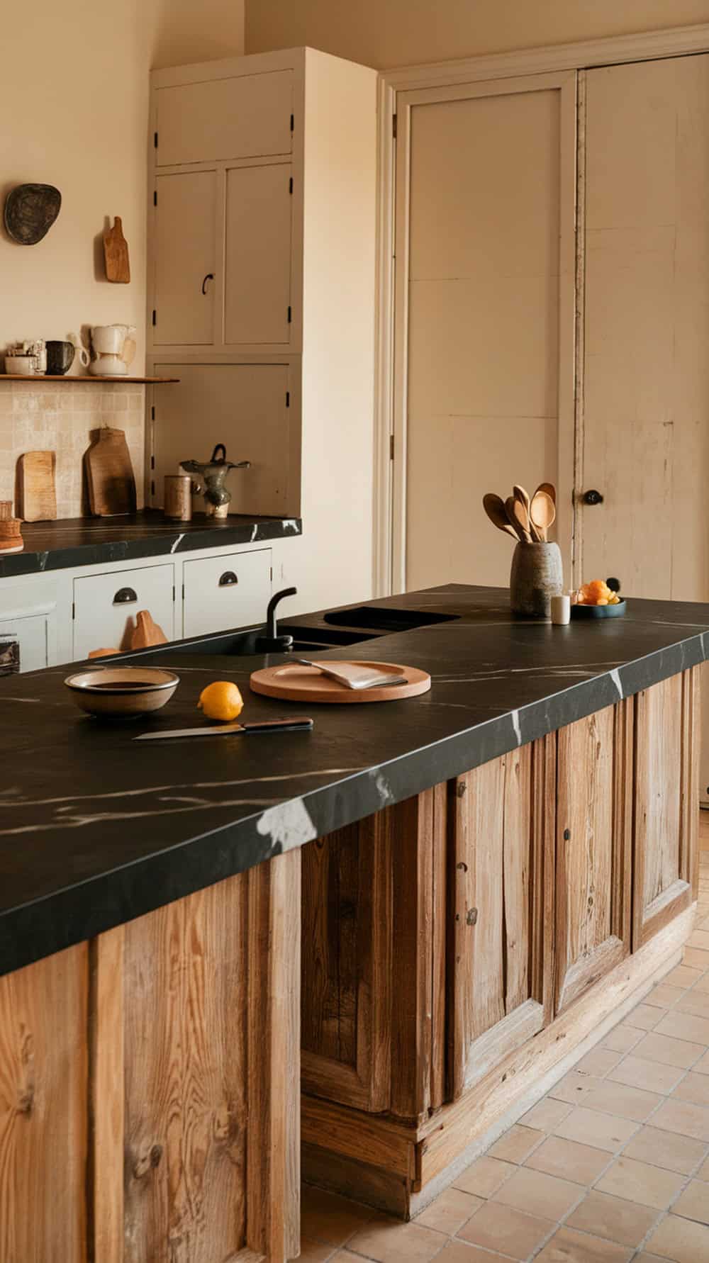 A kitchen featuring black marble countertops and a rustic wooden base.
