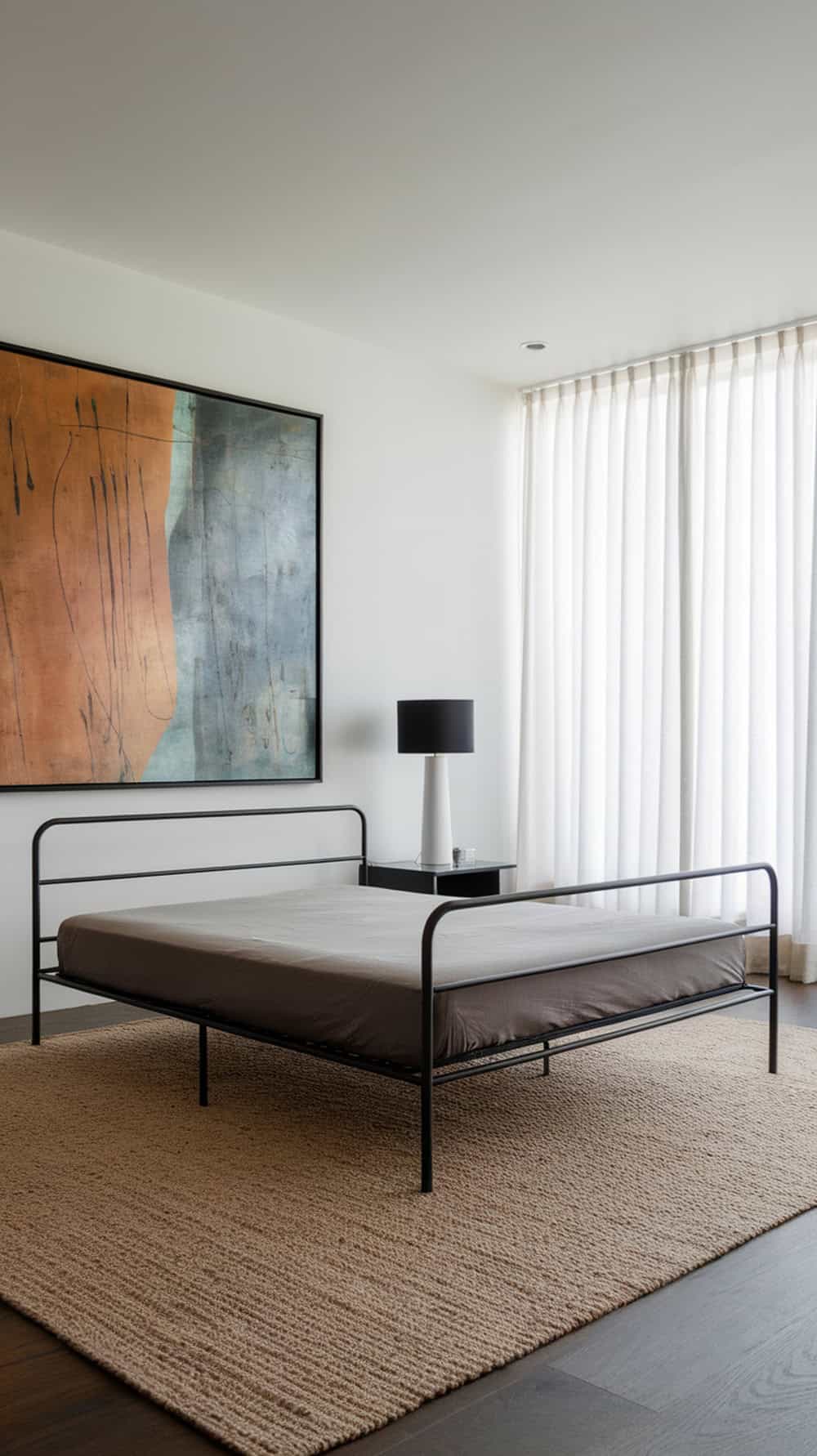 A modern bedroom featuring a black metal bed frame with a simple design, a large abstract painting on the wall, and a stylish lamp on a nightstand.
