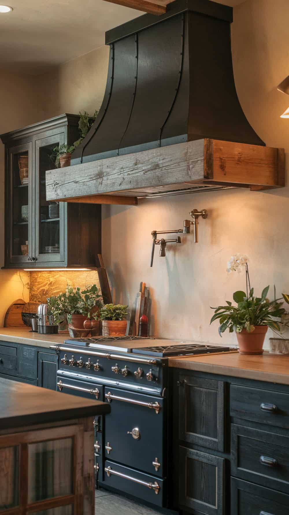A kitchen with a black range hood and reclaimed wood accent above a stove, featuring dark cabinets and plants on the counter.