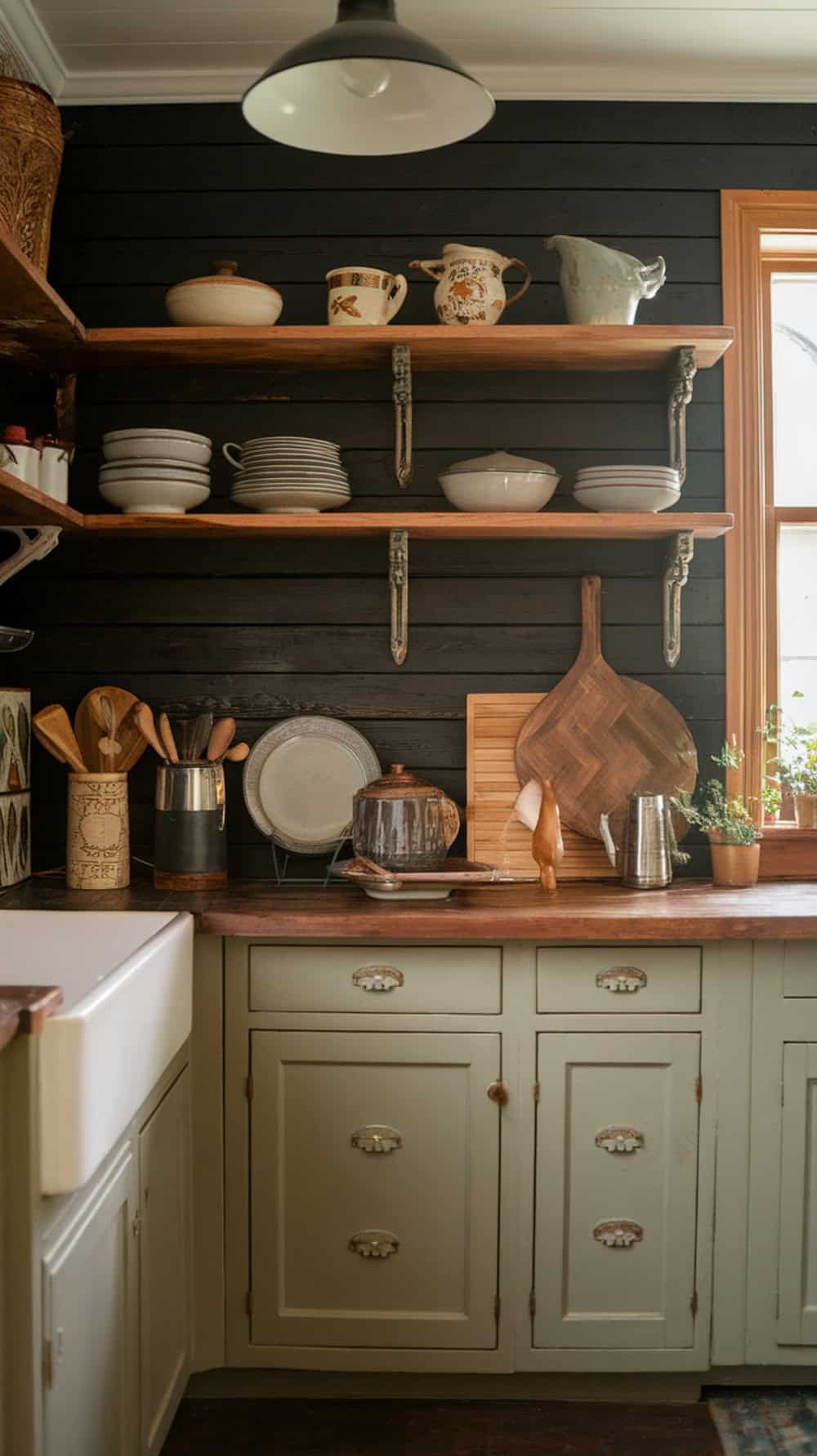 A rustic kitchen featuring black shiplap walls and wooden accents, showcasing open shelves with dishware and kitchen tools.