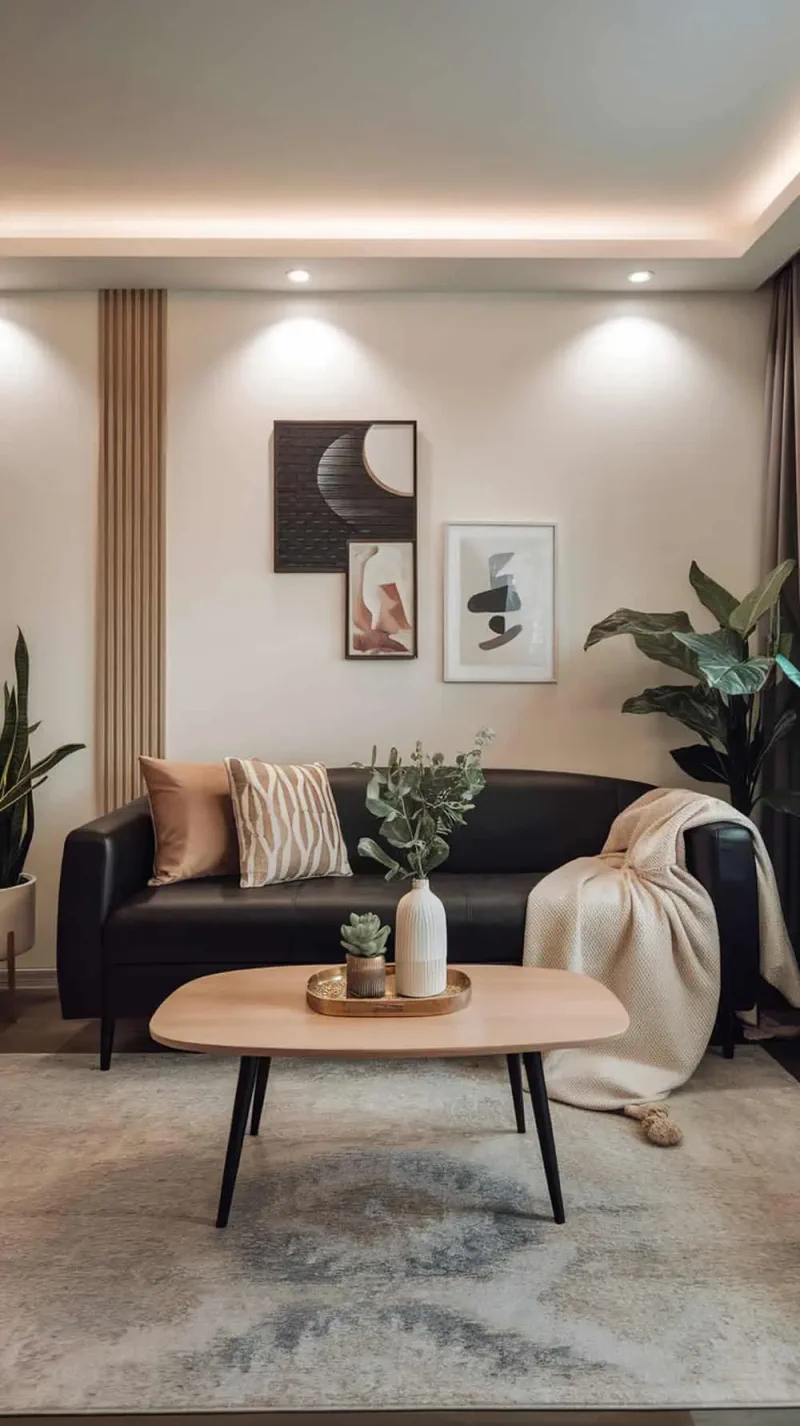 A cozy living room featuring a black sofa and a light wood coffee table, decorated with plants and art.