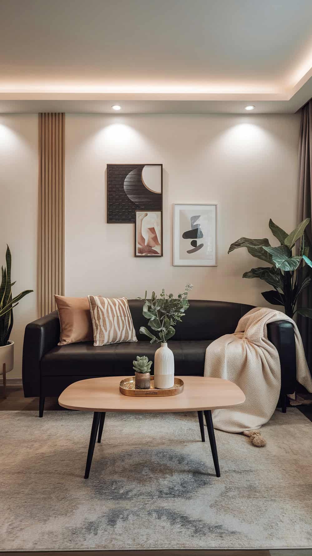 A cozy living room featuring a black sofa and a light wood coffee table, decorated with plants and art.