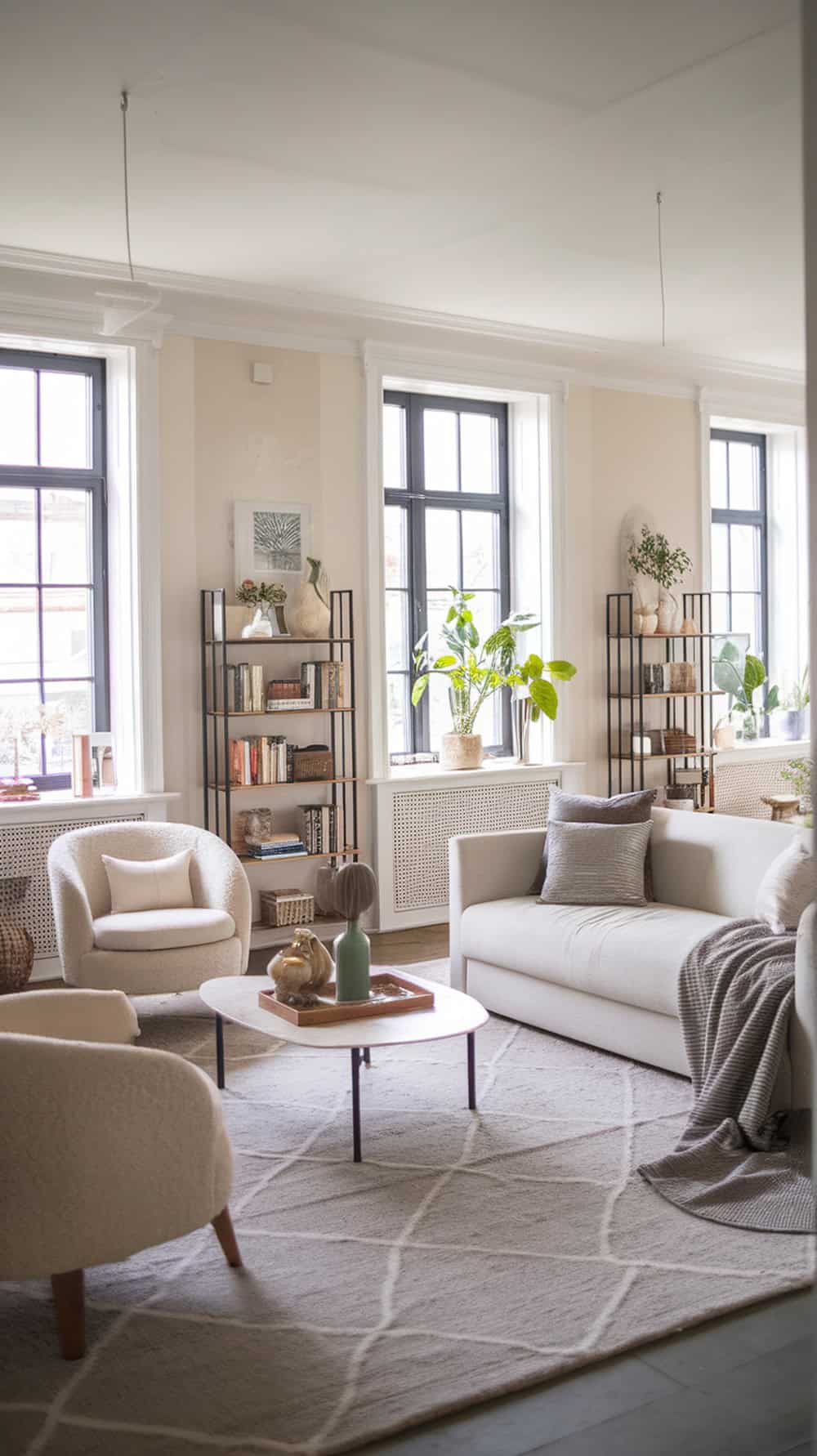 A cozy living room featuring black window frames, light furniture, and plants.