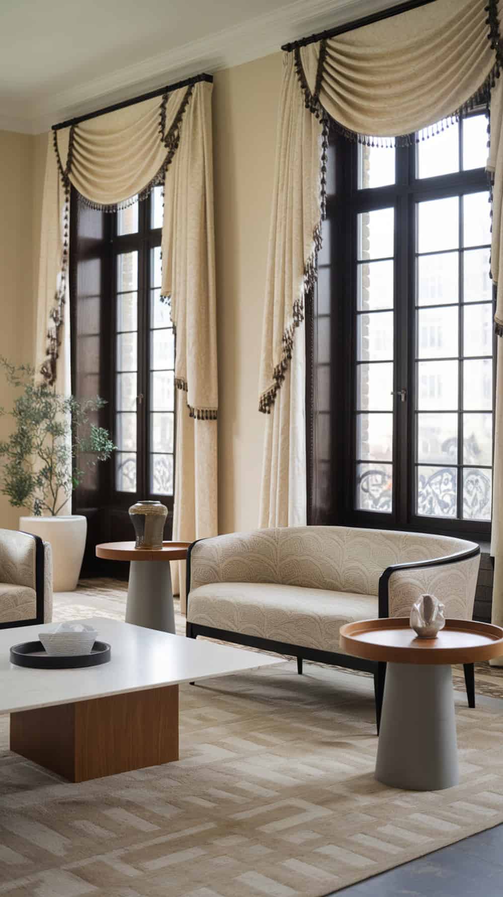 A stylish living room with black window frames and cream drapes, featuring modern furniture.