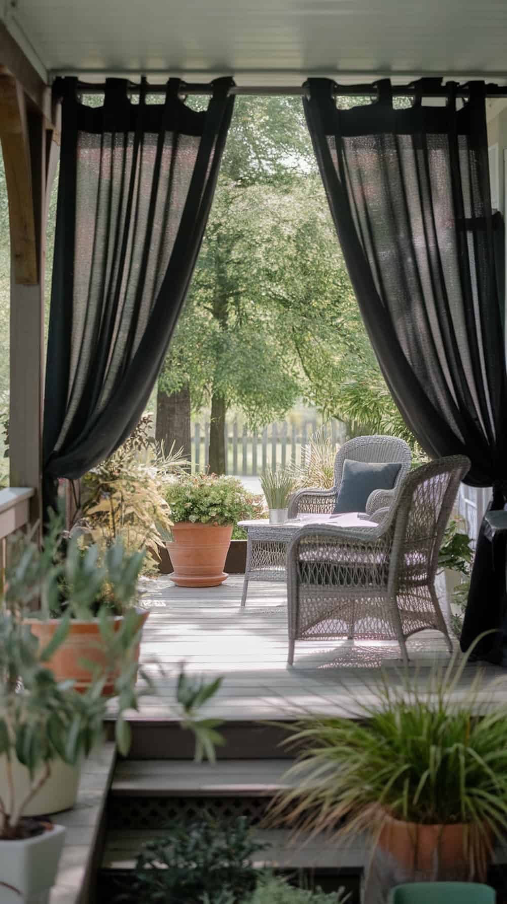 A porch with black curtains, plants, and a cozy chair.