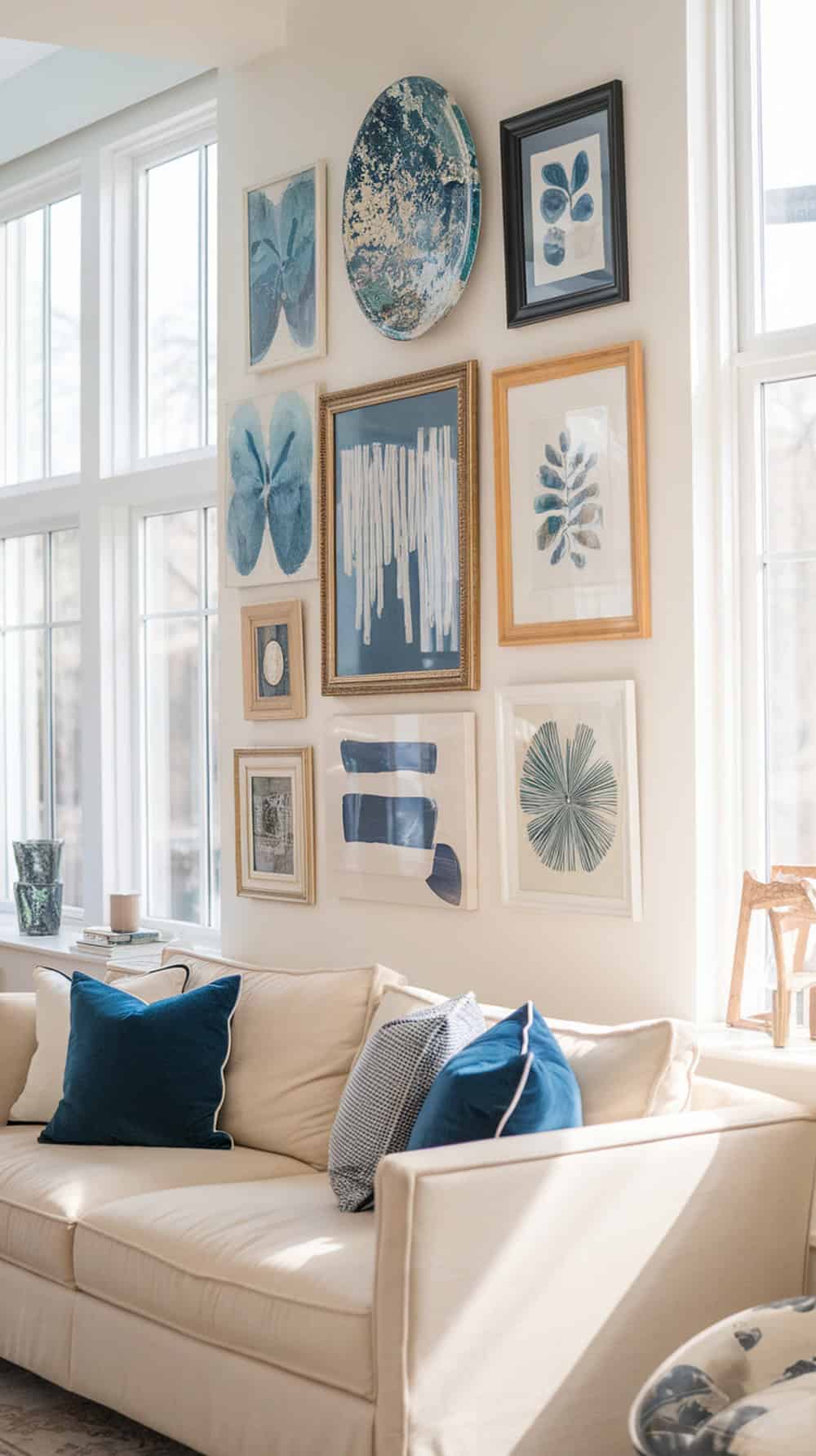 A cozy living room with a blue and cream gallery wall featuring various art pieces and a comfortable couch.