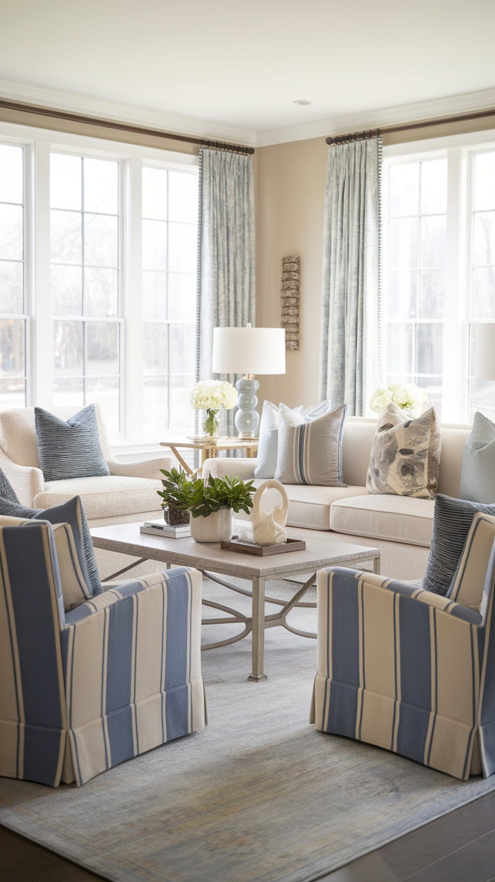 Blue and cream striped accent chairs in a bright living room