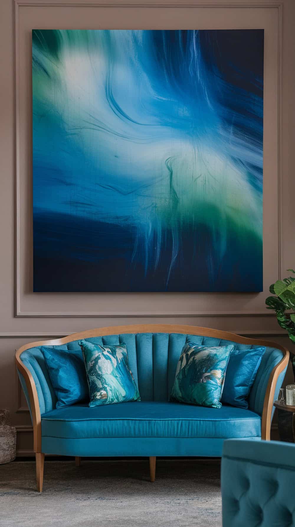 A blue and green abstract wall art piece above a teal couch with decorative pillows.