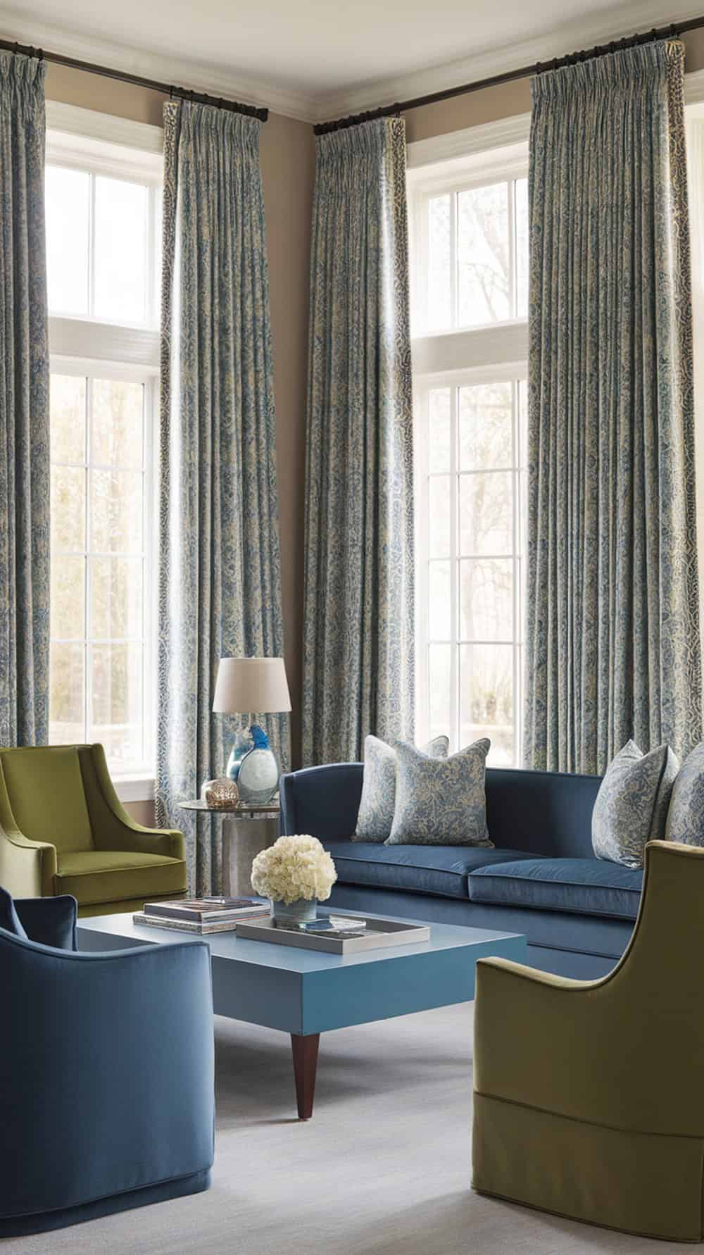 Living room with blue and green mixed pattern curtains, blue sofa, and green chairs.