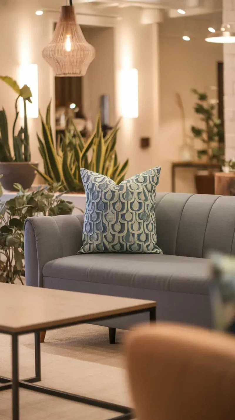 A blue and green patterned throw pillow on a gray couch in a stylish living room.