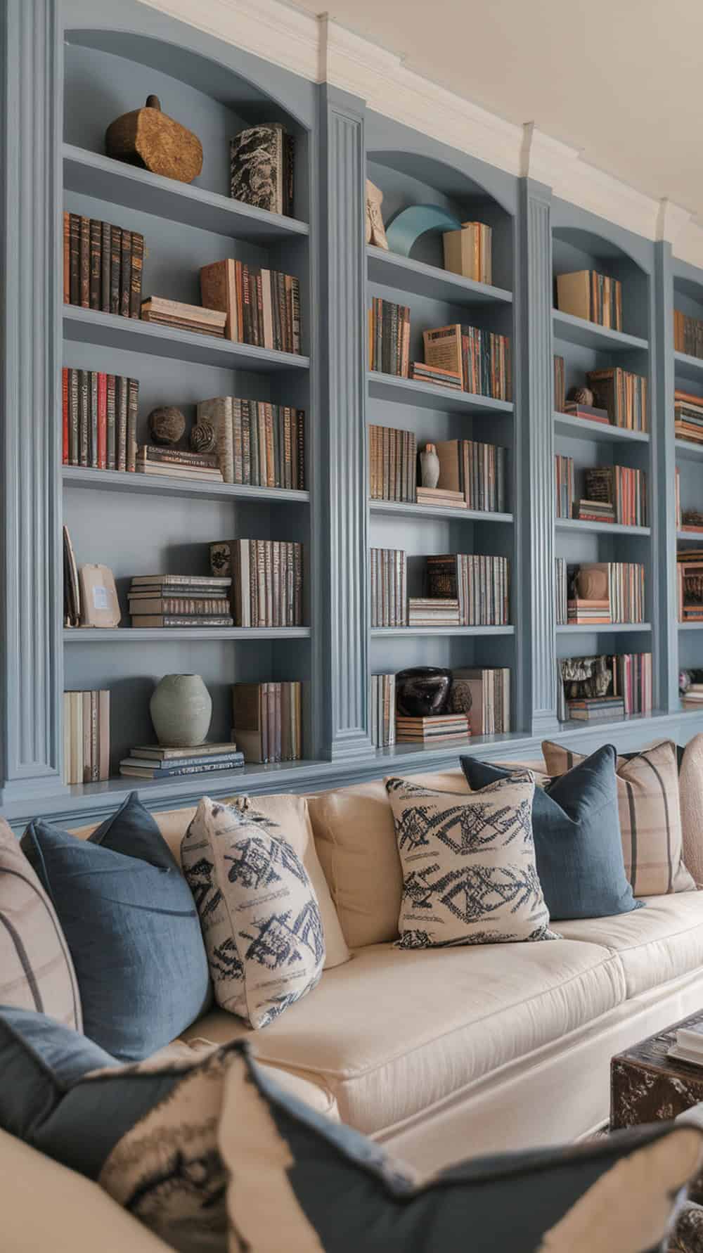A cozy living room with blue bookshelves and a cream couch, decorated with pillows.