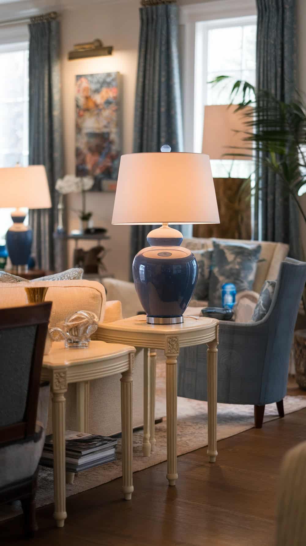 Blue ceramic lamps on cream side tables in a stylish living room