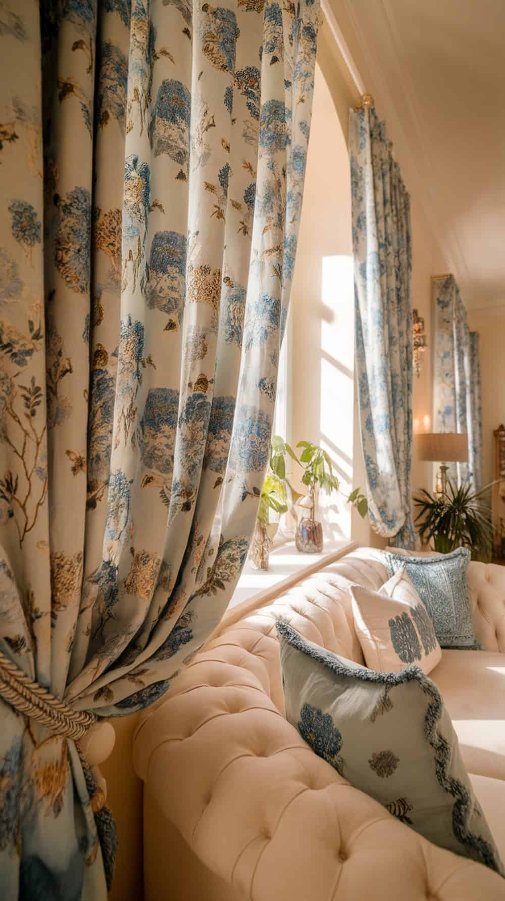 Blue floral curtains in a cream living room with a cozy couch and decorative pillows.