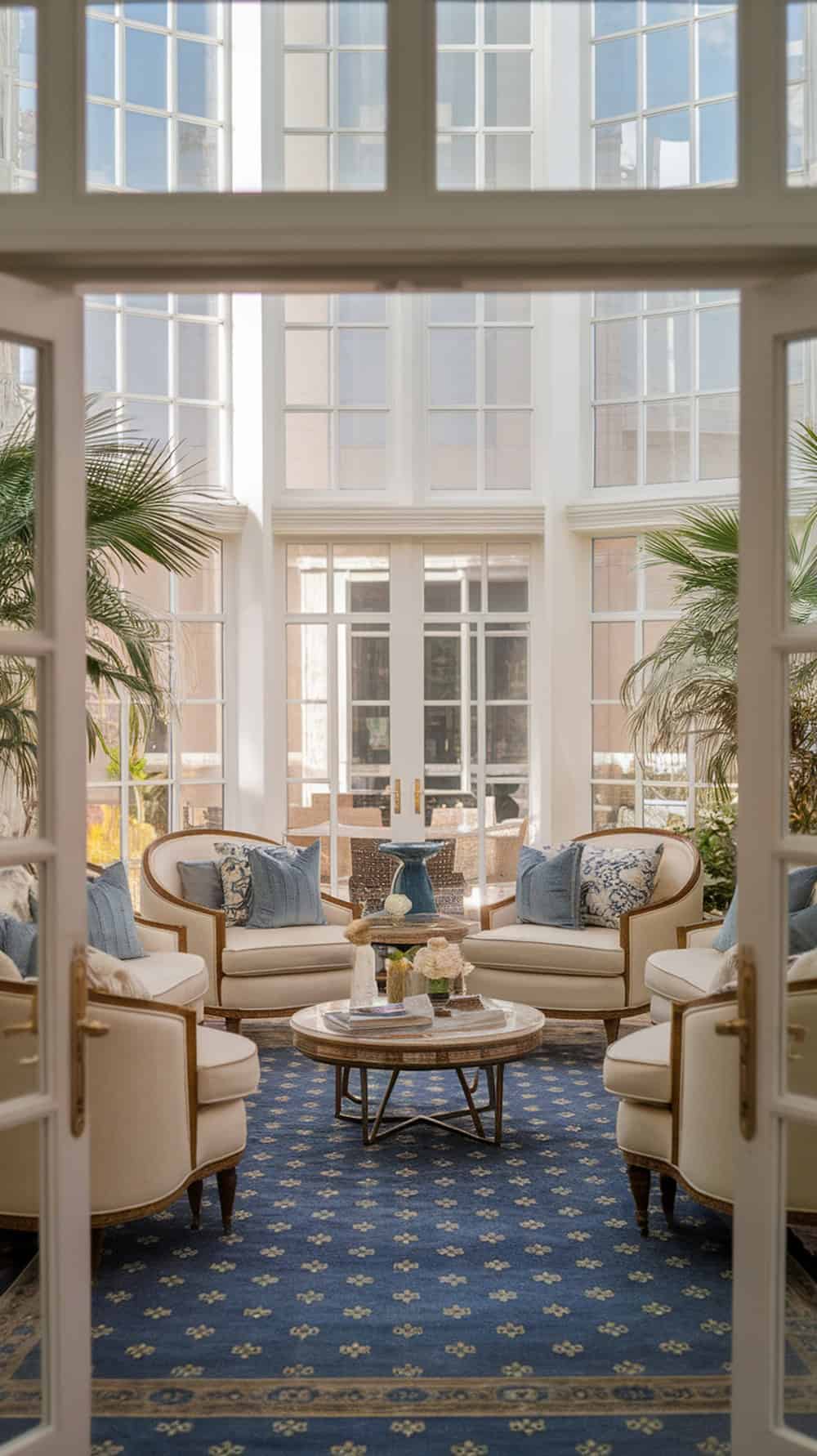 A bright living room featuring a blue patterned rug and cream-colored furniture, with large windows and plants.
