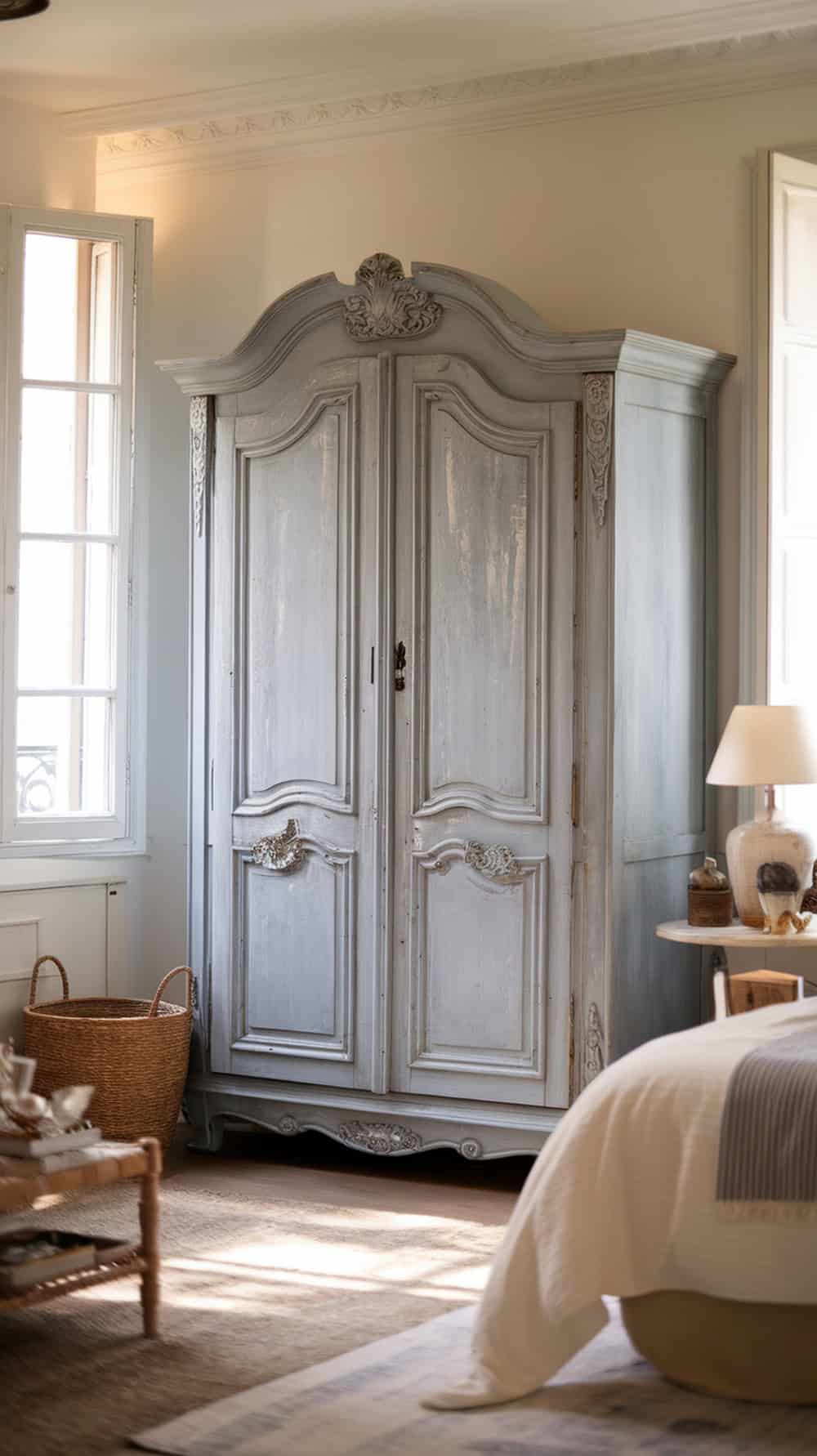 A blue washed armoire with carved details in a bright bedroom setting