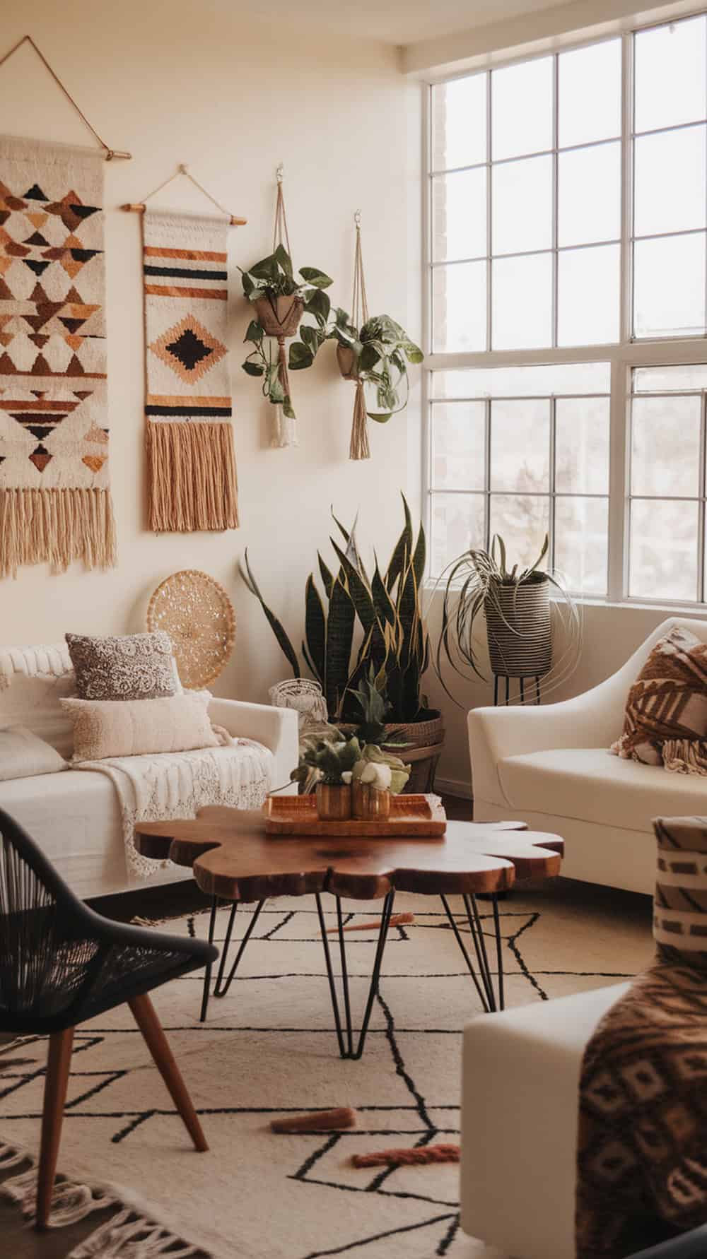 A cozy living room featuring boho wall hangings, sleek furniture, and plants.