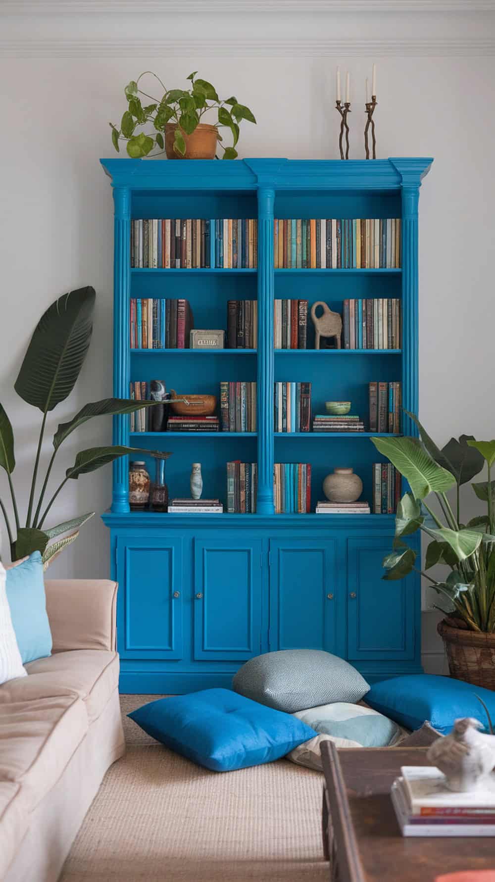 A bright blue bookcase filled with books and decor, surrounded by green plants and soft cushions in a cozy living room.