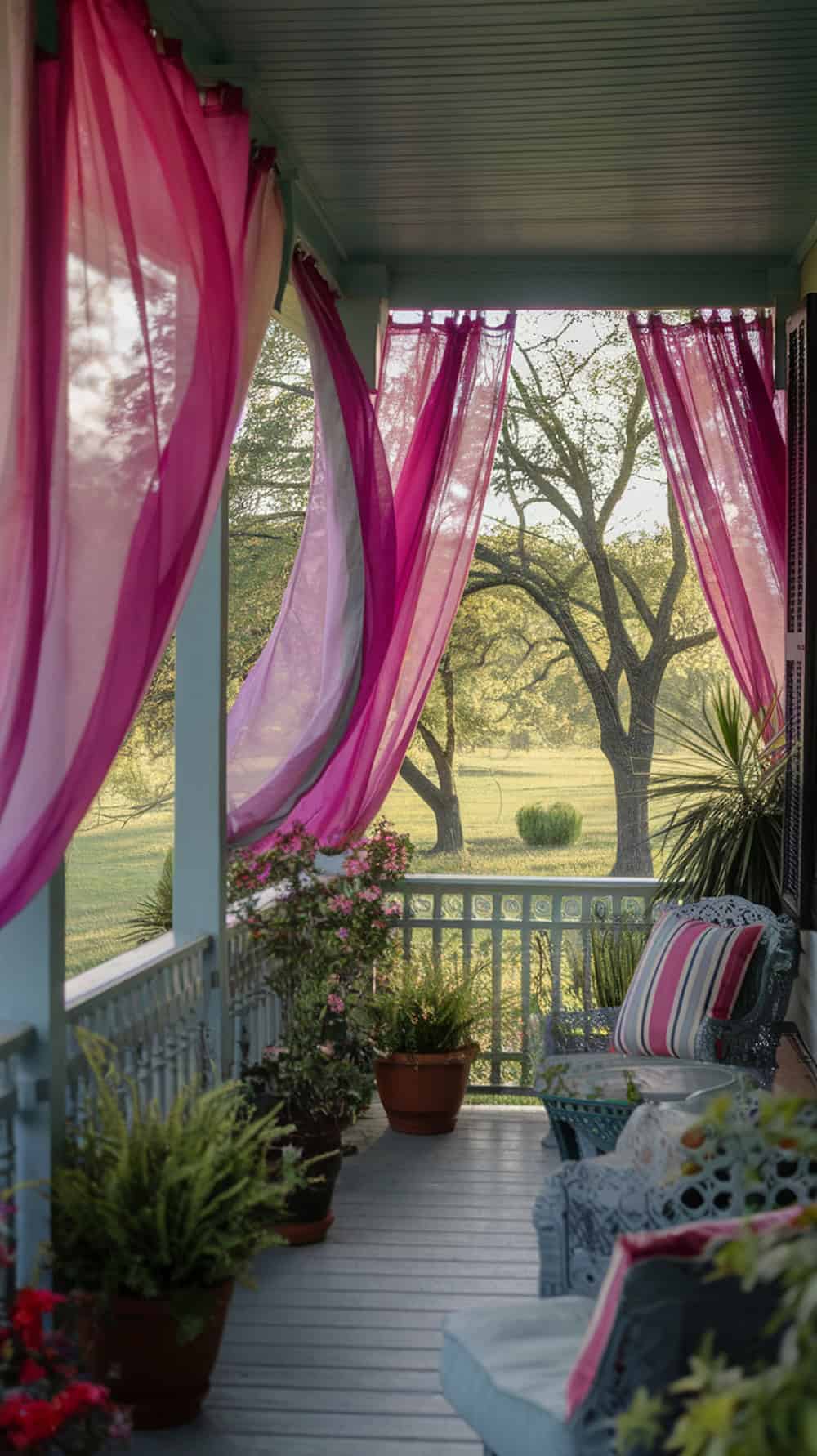 A porch with flowing pink curtains and potted plants, creating a cheerful atmosphere.