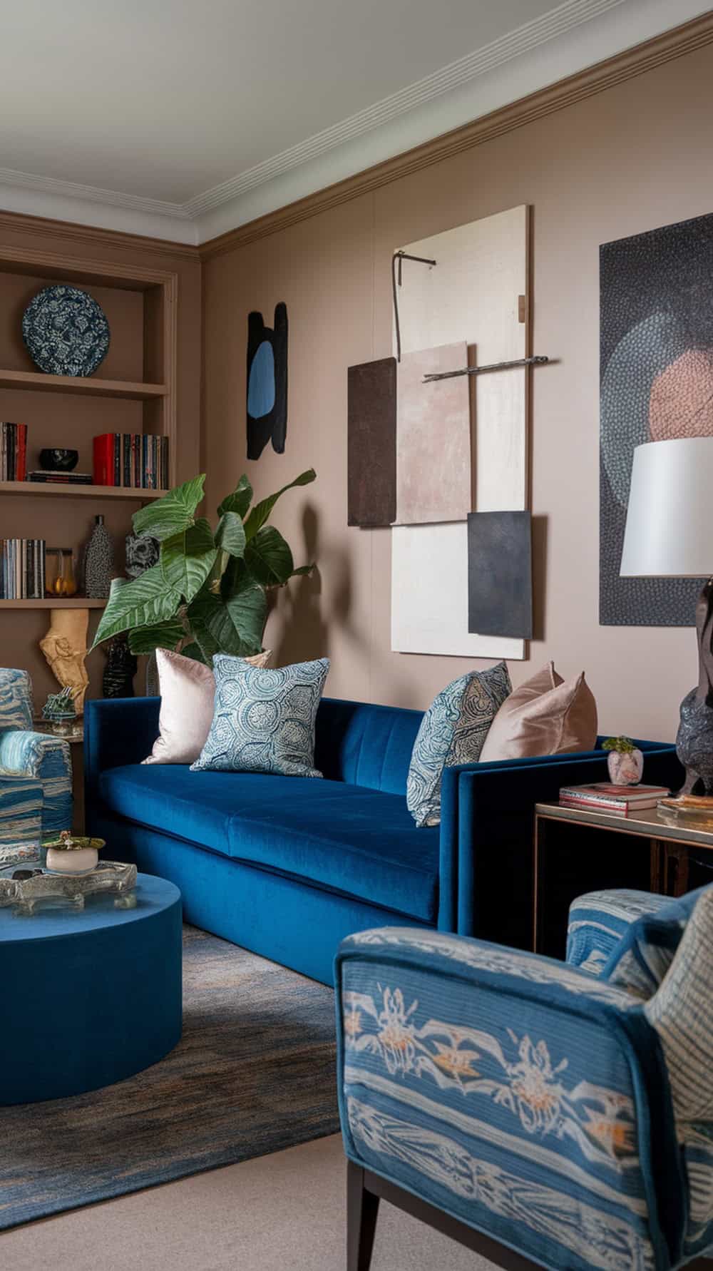 A living room featuring a bold blue sofa against neutral walls, with decorative pillows, plants, and artwork.