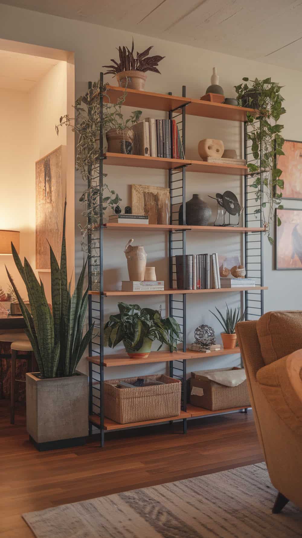 A modern bookshelf filled with plants and decorative items in a cozy living room.