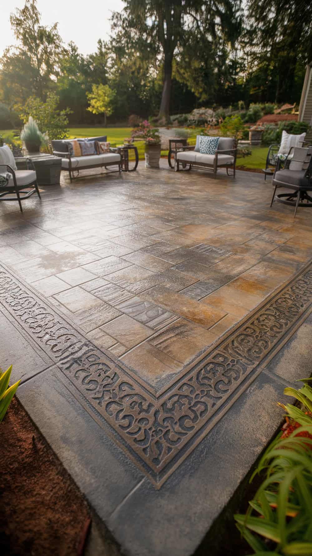 A stamped concrete patio with a decorative border around a plain center area.