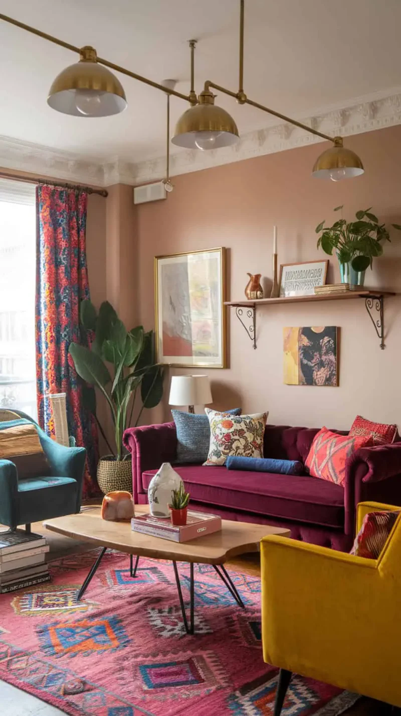 A modern eclectic living room featuring brass light fixtures, colorful decor, and a cozy atmosphere.
