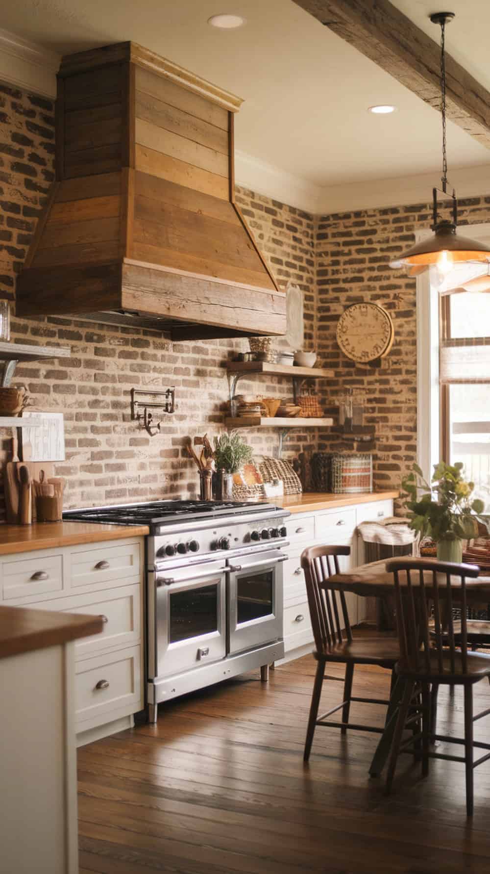 A cozy farmhouse kitchen featuring a brick accent wall and a reclaimed wood hood above the stove.