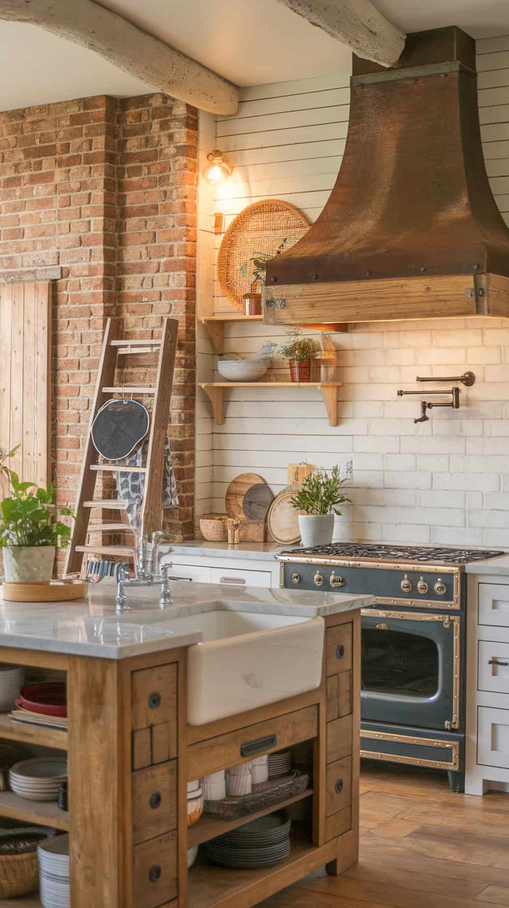 A cozy farmhouse kitchen featuring a mix of brick and shiplap for texture.