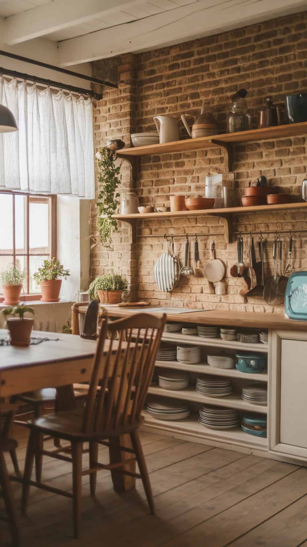A cozy kitchen with a brick backsplash and open wooden shelves filled with pots and dishes.