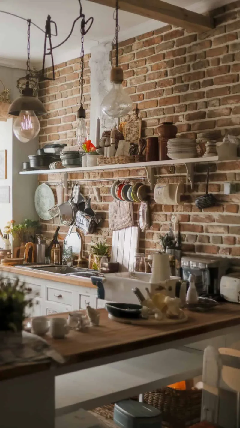 A cozy kitchen featuring a brick backsplash and vintage light fixtures.