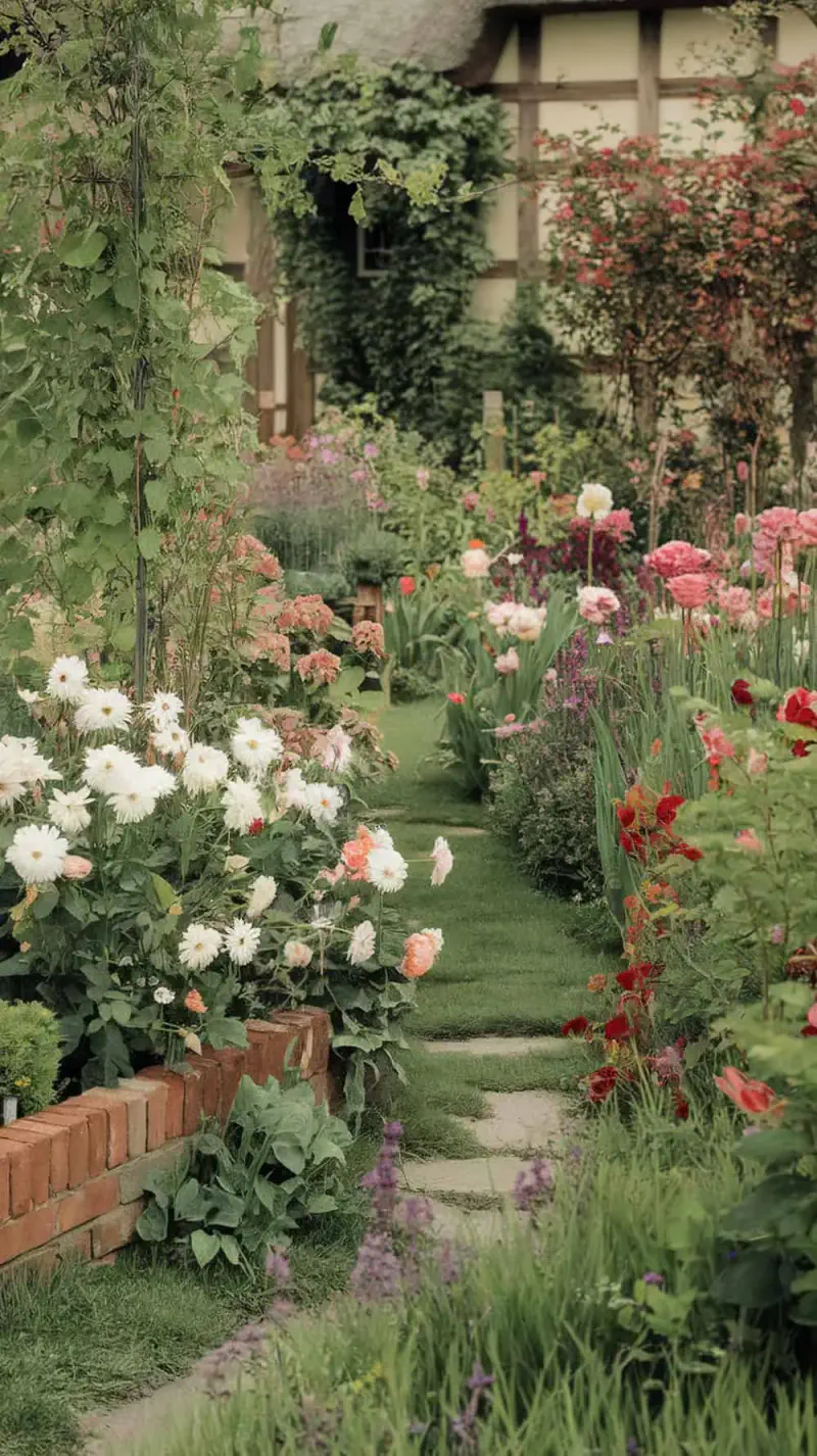 A beautiful cottage garden with a brick border around colorful flower beds.