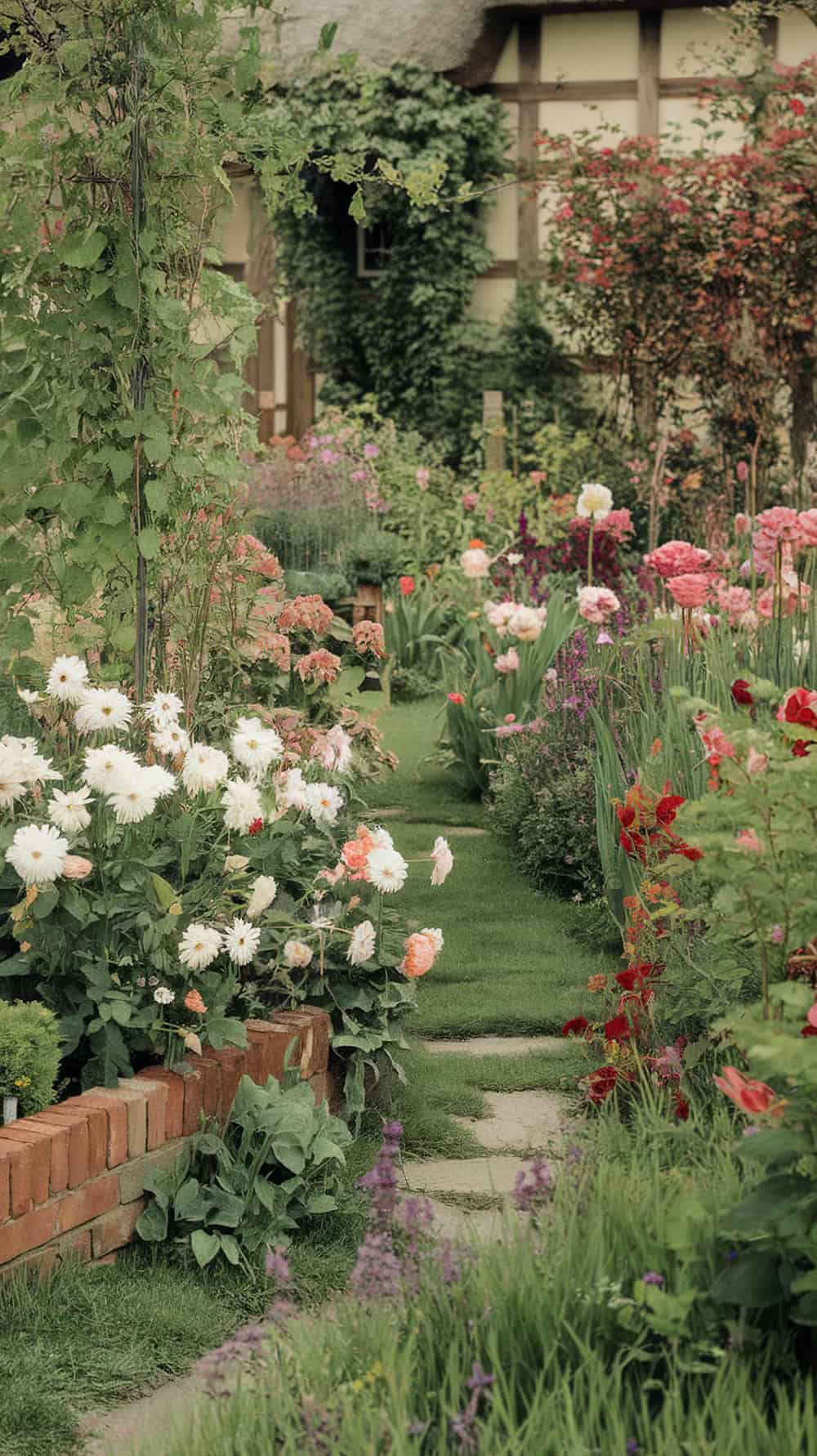 A beautiful cottage garden with a brick border around colorful flower beds.