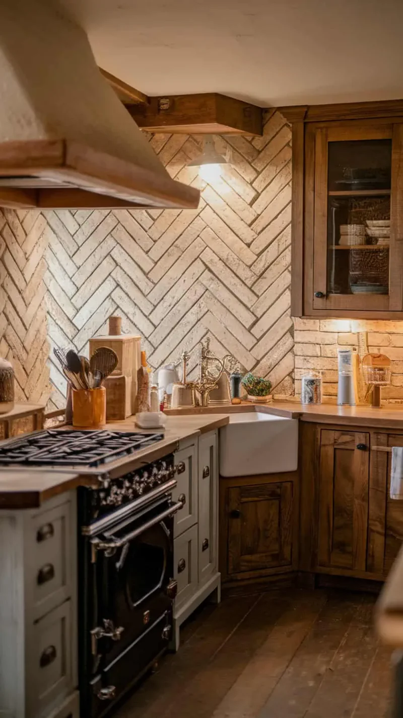 Kitchen with herringbone pattern brick backsplash and wooden cabinets